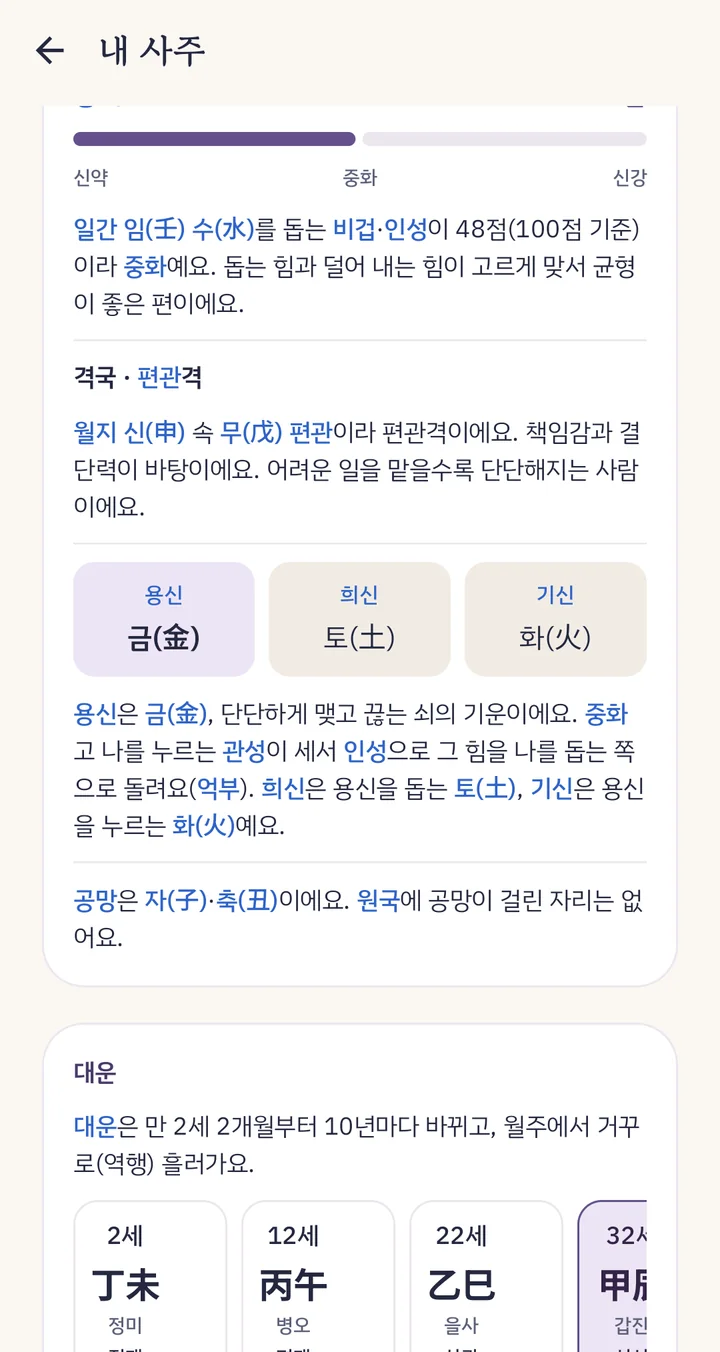 명식 카드: 신강·신약 점수, 격국, 용신·희신·기신